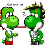 Kidding with my pal as a Yoshi
